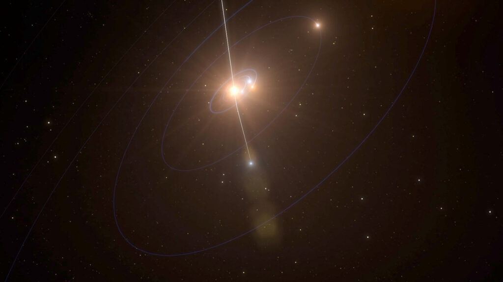 Représentation de la trajectoire d'Oumuamua lors de son passage dans le système solaire. // Source : ESO, M. Kornmesser, L.Calcada. Music: Mylonite - MRP (Mylonite Recordz Production) (image recadrée) Représentation de la trajectoire d'Oumuamua lors de son passage dans le système solaire. // Source : ESO, M. Kornmesser, L.Calcada. Music: Mylonite - MRP (Mylonite Recordz Production) (image recadrée)