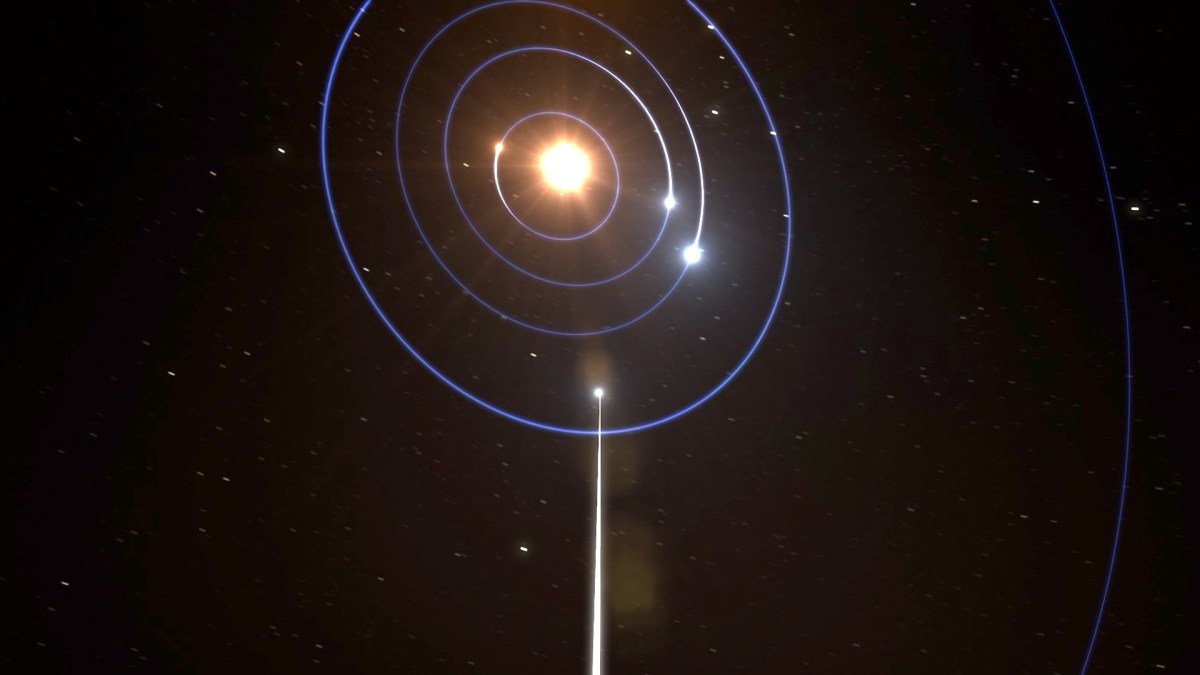 Représentation du passage d'Oumuamua dans le système solaire. // Source : ESO, M. Kornmesser, L.Calcada. Music: Mylonite - MRP (Mylonite Recordz Production) (image recadrée) Représentation du passage d'Oumuamua dans le système solaire. // Source : ESO, M. Kornmesser, L.Calcada. Music: Mylonite - MRP (Mylonite Recordz Production) (image recadrée)