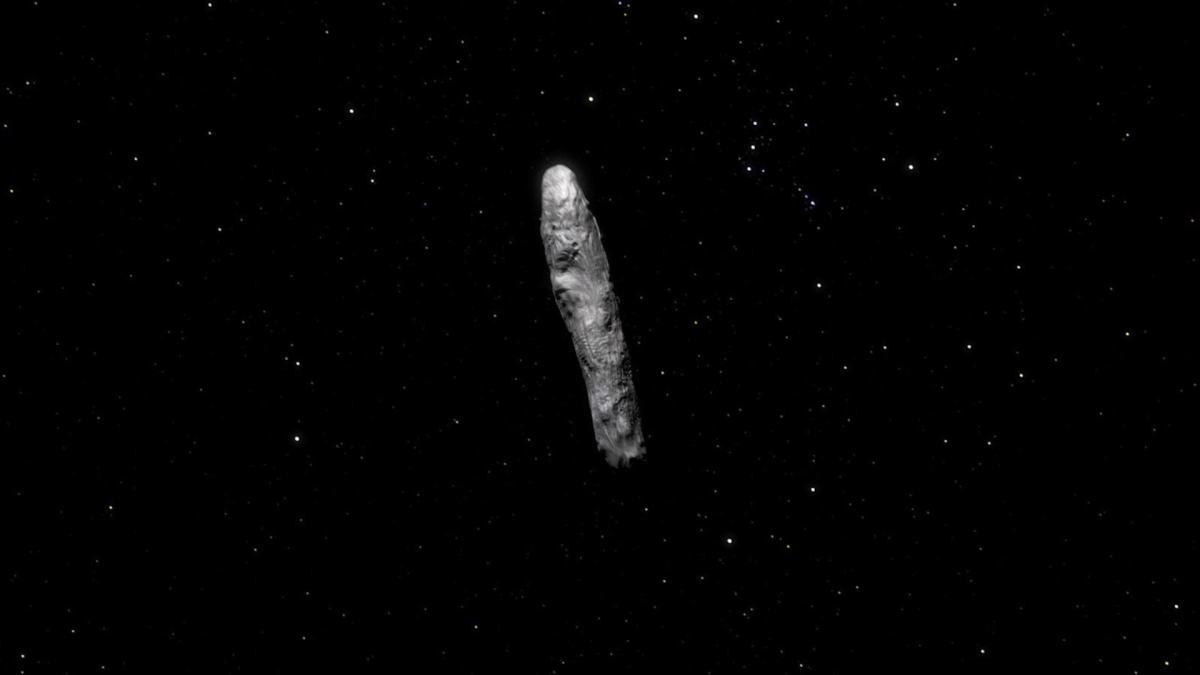 Vue d'artiste d'Oumuamua. De tels visuels ont probablement nourri la popularité de cet objet. // Source : ESO, M. Kornmesser, L.Calcada. Music: Mylonite - MRP (Mylonite Recordz Production) (image recadrée) Vue d'artiste d'Oumuamua. De tels visuels ont probablement nourri la popularité de cet objet. // Source : ESO, M. Kornmesser, L.Calcada. Music: Mylonite - MRP (Mylonite Recordz Production) (image recadrée)