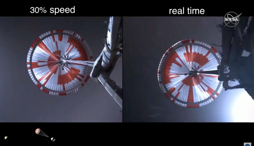 Le parachute de Perseverance // Source : YouTube/Nasa Le parachute de Perseverance // Source : YouTube/Nasa