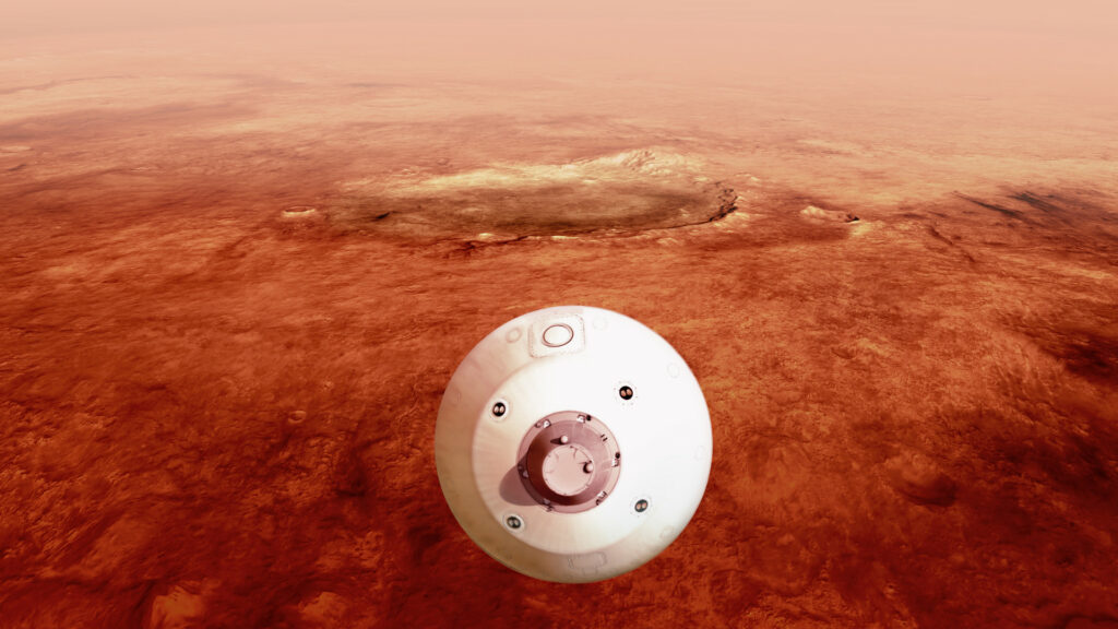 Représentation de l'entrée atmosphérique du rover Perseverance. // Source : NASA/JPL Caltech, 2020 (photo recadrée) Représentation de l'entrée atmosphérique du rover Perseverance. // Source : NASA/JPL Caltech, 2020 (photo recadrée)