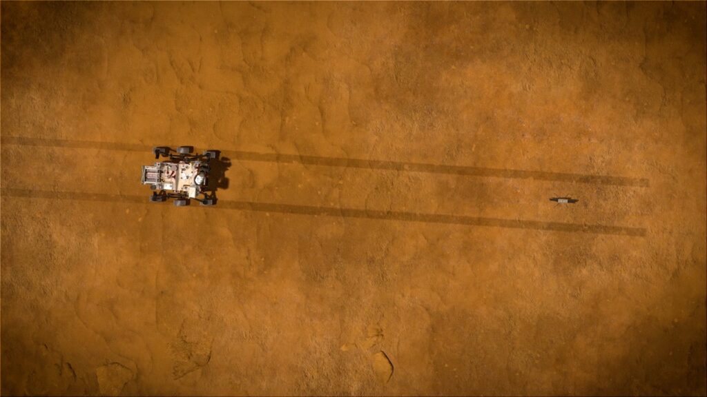 Perseverance déposant Ingenuity sur Mars, vue d'artiste. // Source : NASA/JPL-Caltech Perseverance déposant Ingenuity sur Mars, vue d'artiste. // Source : NASA/JPL-Caltech