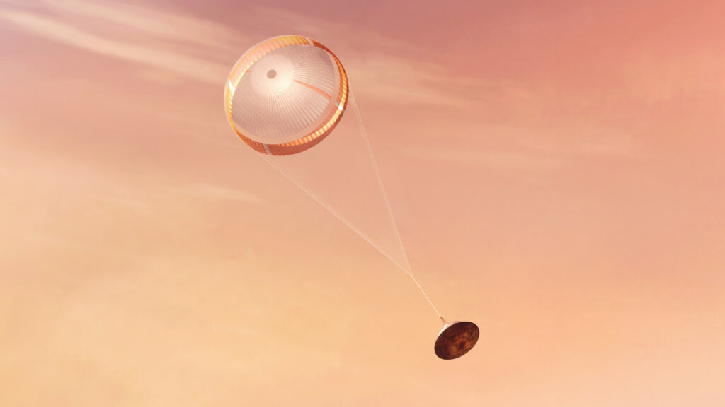 Vue de la descente du rover Perseverance sous le parachute. // Source : NASA/JPL Caltech, 2020 (photo recadrée)