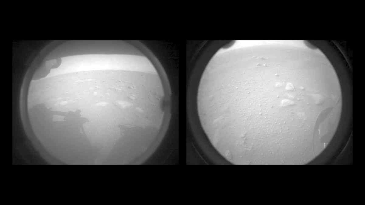 Les deux premières images envoyées par le rover Perseverance sur Mars. // Source : NASA/JPL-Caltech, montage Numerama Les deux premières images envoyées par le rover Perseverance sur Mars. // Source : NASA/JPL-Caltech, montage Numerama
