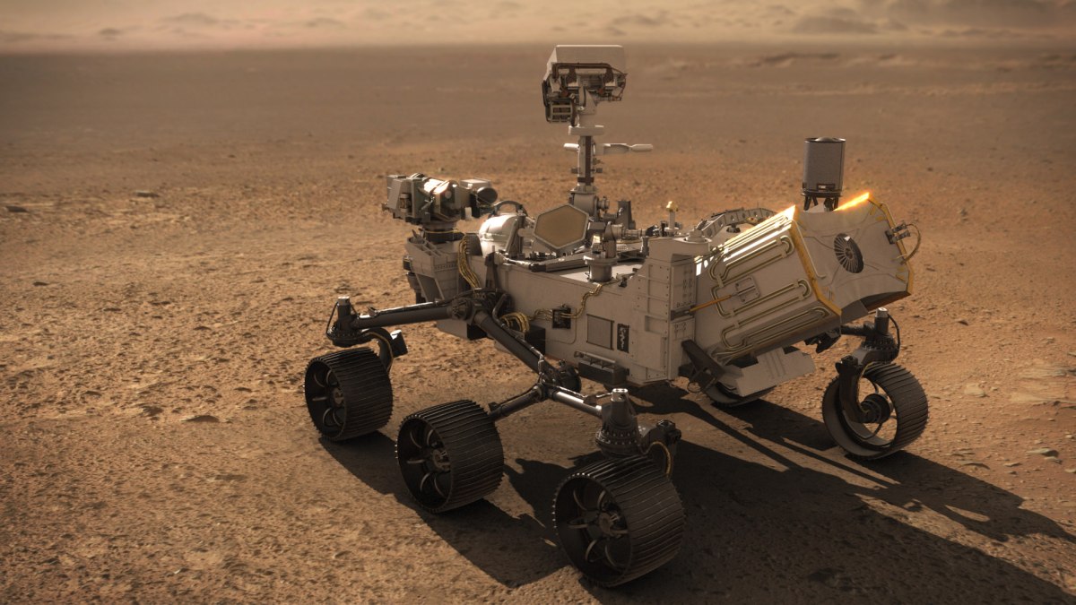 Représentation de Perseverance sur Mars. // Source : CNES/VR2Planets, 2021 (photo recadrée) Représentation de Perseverance sur Mars. // Source : CNES/VR2Planets, 2021 (photo recadrée)
