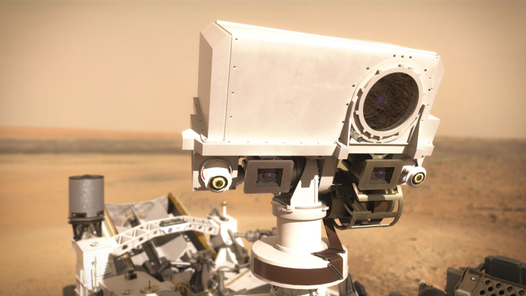 Gros plan sur l'instrument SuperCam du rover (illustration). // Source : CNES/VR2Planets, 2021 Gros plan sur l'instrument SuperCam du rover (illustration). // Source : CNES/VR2Planets, 2021