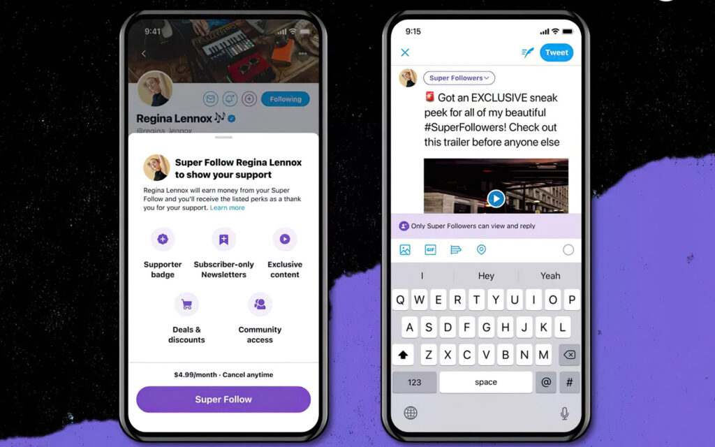 Un aperçu de ce que sera Super Follow, avec une présentation de divers avantages. // Source : Via Twitter @W_Chloe Un aperçu de ce que sera Super Follow, avec une présentation de divers avantages. // Source : Via Twitter @W_Chloe