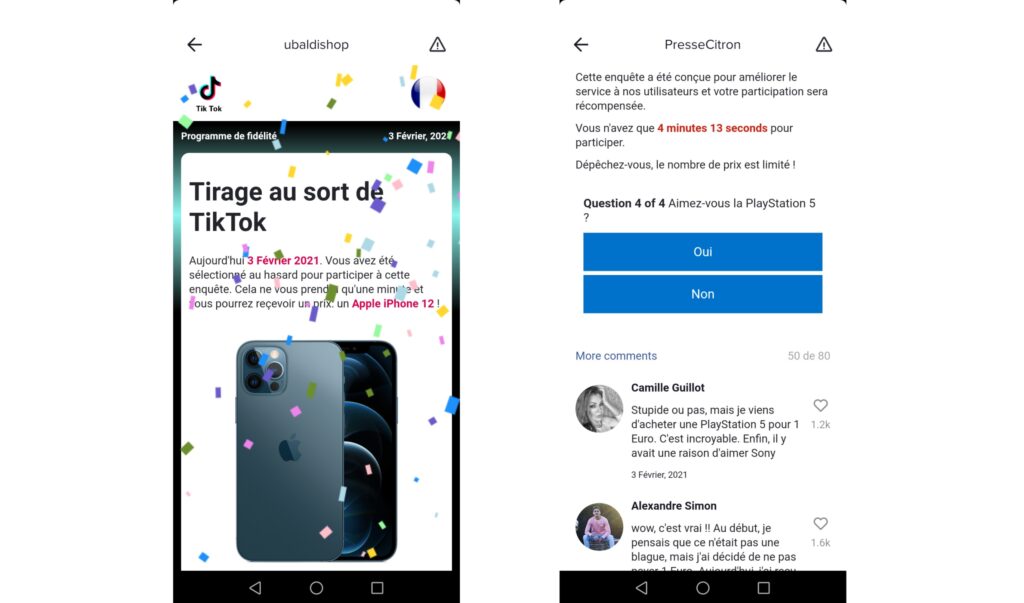 Des exemples d'arnaque sur Tiktok // Source : Capture d'écran Numerama / Tiktok Des exemples d'arnaque sur Tiktok // Source : Capture d'écran Numerama / Tiktok