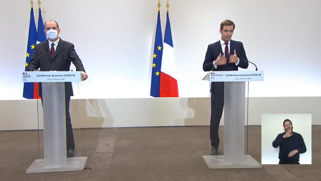 Jean Castex et Olivier Véran le 25 février 2021. // Source : Capture d'écran YouTube Gouvernement Jean Castex et Olivier Véran le 25 février 2021. // Source : Capture d'écran YouTube Gouvernement