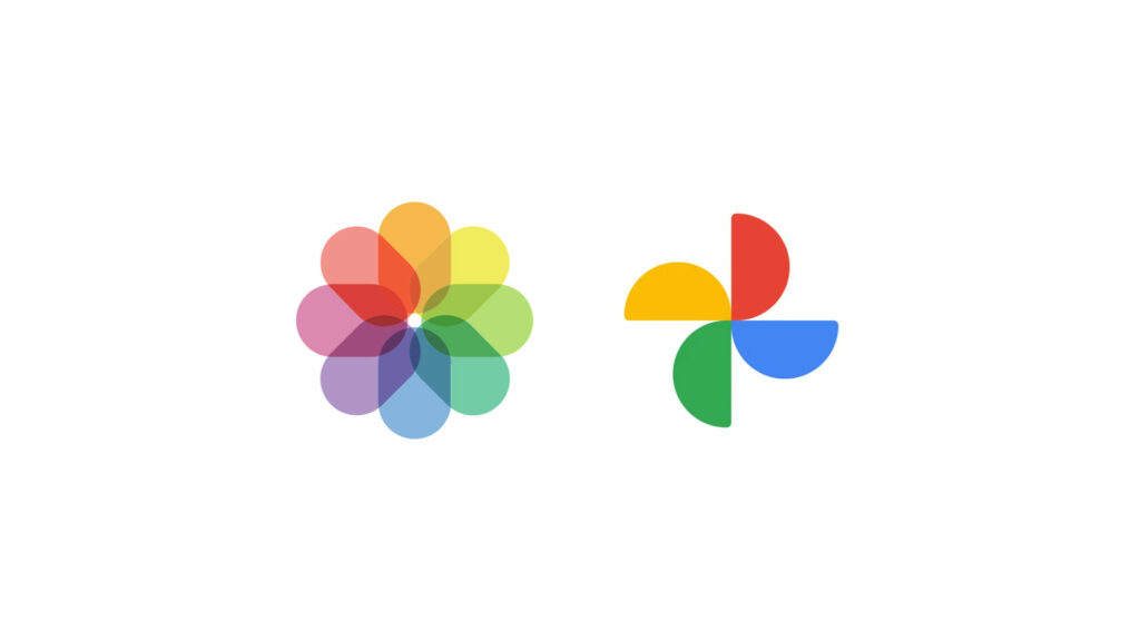 Le logo d’Apple Photos à gauche. Le logo de Google Photos à droite. // Source : Numerama Le logo d’Apple Photos à gauche. Le logo de Google Photos à droite. // Source : Numerama