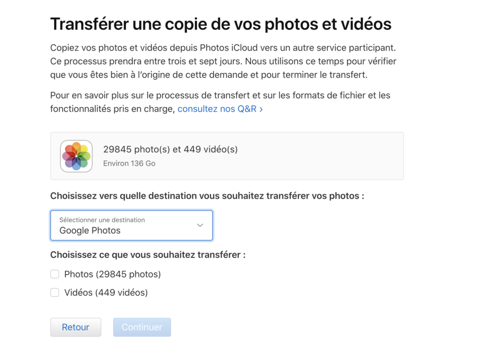 Le transfert vers Google Photos // Source : Capture d'écran Numerama Le transfert vers Google Photos // Source : Capture d'écran Numerama