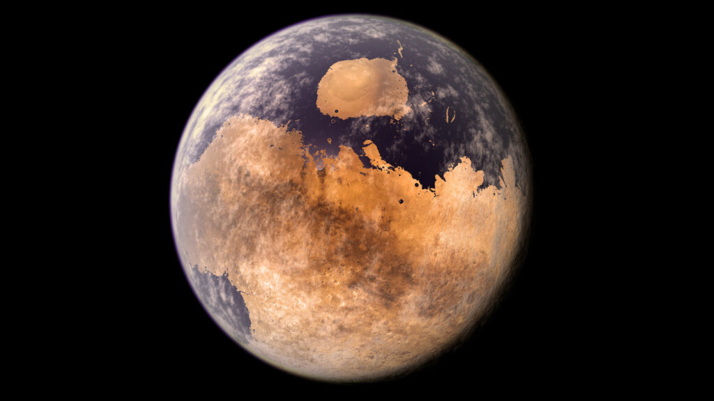 Représentation de Mars couverte d'eau. // Source : Flickr/CC/Kevin Gill, image recadrée Représentation de Mars couverte d'eau. // Source : Flickr/CC/Kevin Gill, image recadrée