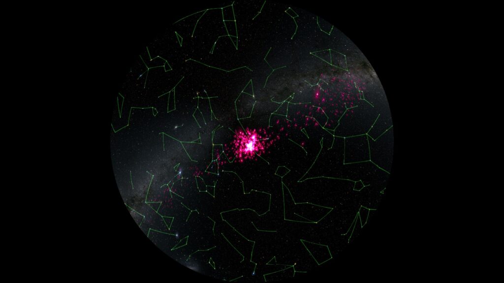 Les Hyades et leurs queues de marées sont en rose, les constellations sont en vert. // Source : ESA/Gaia/DPAC, CC BY-SA 3.0 IGO; acknowledgement: S. Jordan/T. Sagrista Les Hyades et leurs queues de marées sont en rose, les constellations sont en vert. // Source : ESA/Gaia/DPAC, CC BY-SA 3.0 IGO; acknowledgement: S. Jordan/T. Sagrista