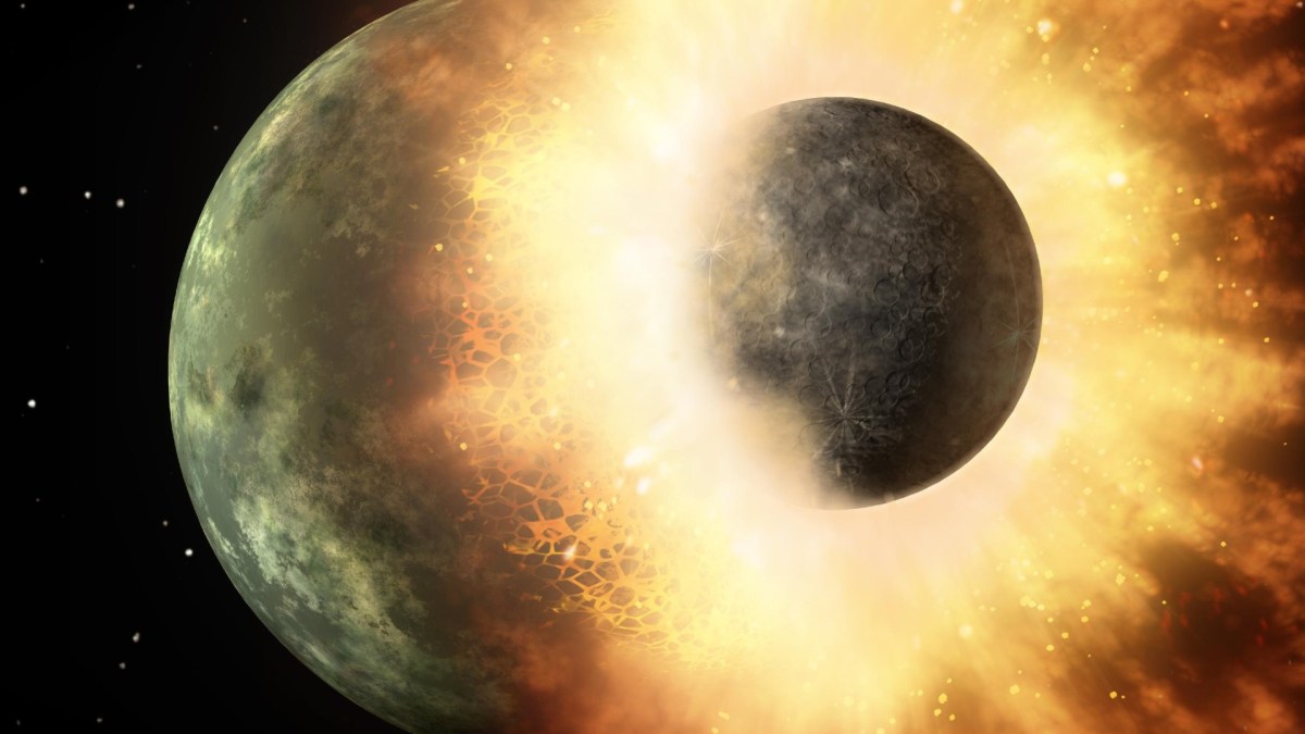 Vue d'artiste de l'impact de Théia sur la Terre il y a plus de 4 milliards d'années. // Source : NASA/JPL-Caltech Vue d'artiste de l'impact de Théia sur la Terre il y a plus de 4 milliards d'années. // Source : NASA/JPL-Caltech