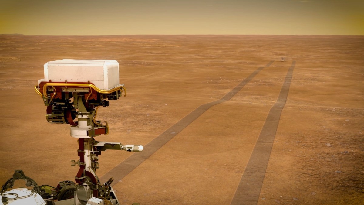 Vue d'artiste de Perseverance après avoir déposé Ingenuity sur Mars. // Source : NASA/JPL-Caltech Vue d'artiste de Perseverance après avoir déposé Ingenuity sur Mars. // Source : NASA/JPL-Caltech