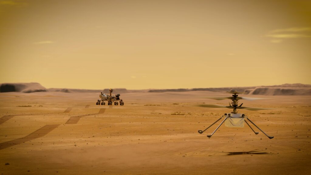 Perseverance et Ingenuity sur Mars, illustration. // Source : NASA/JPL-Caltech Perseverance et Ingenuity sur Mars, illustration. // Source : NASA/JPL-Caltech
