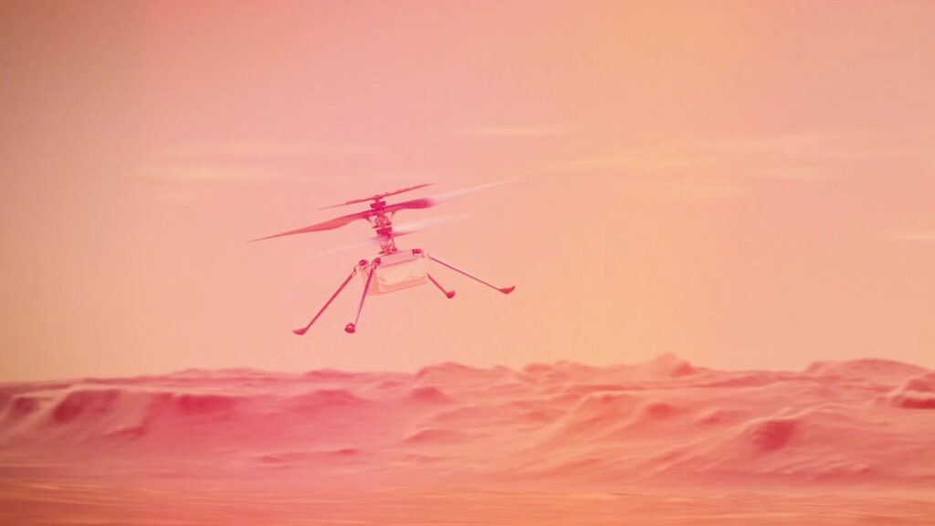 Ingenuity volant sur Mars, vue d'artiste (car, non, Mars n'est pas rose). // Source : NASA/JPL-Caltech Ingenuity volant sur Mars, vue d'artiste (car, non, Mars n'est pas rose). // Source : NASA/JPL-Caltech