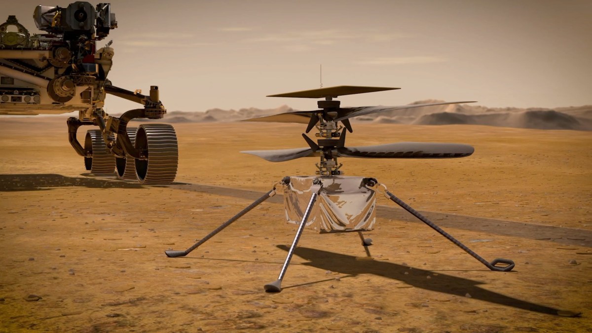 Représentation d'Ingenuity sur Mars, une fois posé par Perseverance. // Source : NASA/JPL-Caltech Représentation d'Ingenuity sur Mars, une fois posé par Perseverance. // Source : NASA/JPL-Caltech