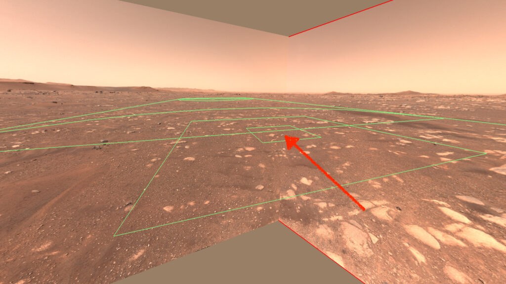 La zone où Perseverance posera Ingenuity sur Mars. // Source : NASA/JPL-Caltech (photo recadrée et annotée) La zone où Perseverance posera Ingenuity sur Mars. // Source : NASA/JPL-Caltech (photo recadrée et annotée)