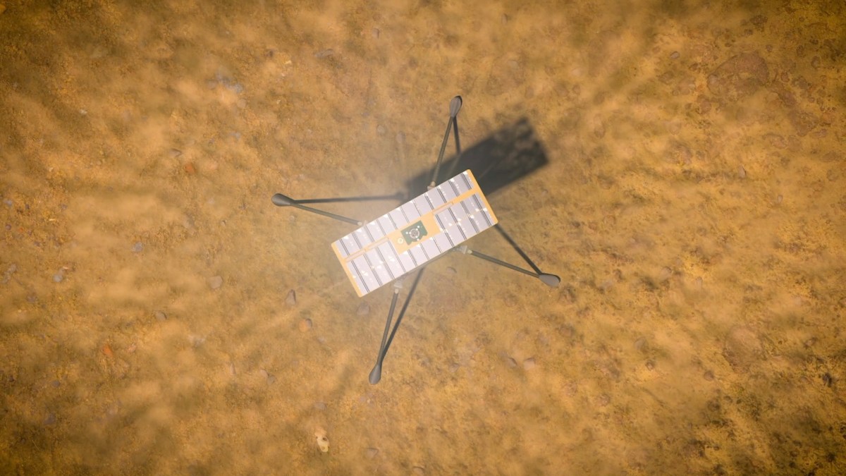 Représentation d'Ingenuity en train de décoller. // Source : NASA/JPL-Caltech Représentation d'Ingenuity en train de décoller. // Source : NASA/JPL-Caltech