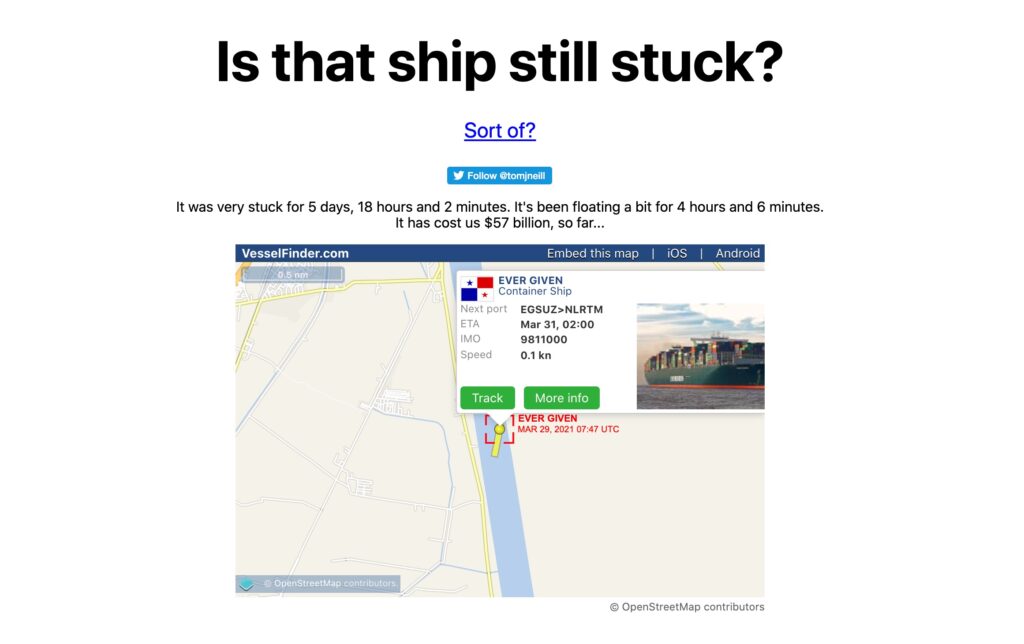 Bloqué et débloqué à la fois. Le navire de Schrödinger. // Source : isthishipstillstuck.com
