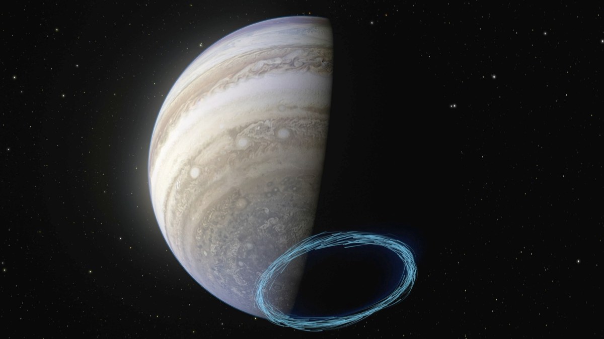 Les lignes bleues représentent la vitesse des vents dans la stratosphère de Jupiter. // Source : ESO/L. Calçada & NASA/JPL-Caltech/SwRI/MSSS Les lignes bleues représentent la vitesse des vents dans la stratosphère de Jupiter. // Source : ESO/L. Calçada & NASA/JPL-Caltech/SwRI/MSSS