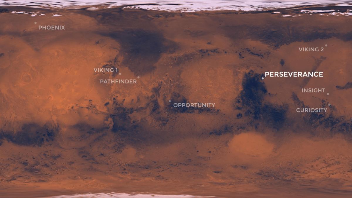 Carte de Mars et des divers sites d'atterrissage. // Source : NASA/JPL-Caltech (image recadrée) Carte de Mars et des divers sites d'atterrissage. // Source : NASA/JPL-Caltech (image recadrée)