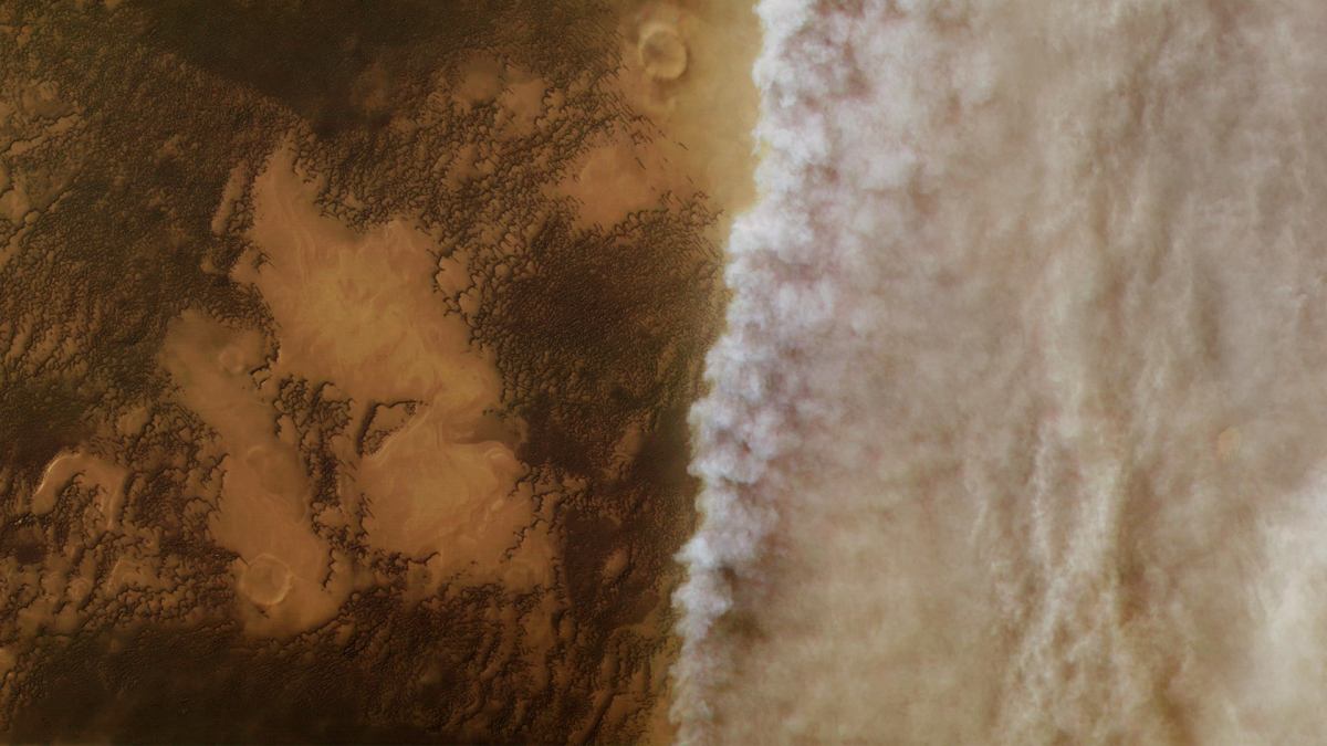 Tempête de poussière martienne photographiée par Mars Express. // Source : Flickr/CC/European Space Agency (photo recadrée) Tempête de poussière martienne photographiée par Mars Express. // Source : Flickr/CC/European Space Agency (photo recadrée)