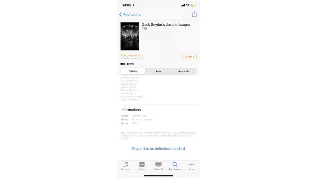 Prix de la Snyder Cut de Justice League // Source : Capture iTunes Prix de la Snyder Cut de Justice League // Source : Capture iTunes