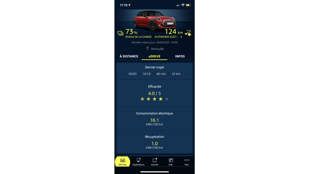 Application Mini Cooper SE // Source : Maxime Claudel pour Numerama Application Mini Cooper SE // Source : Maxime Claudel pour Numerama