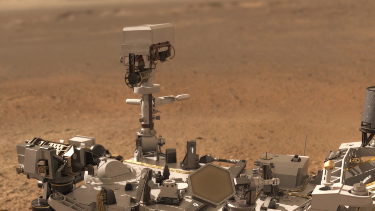 Représentation de Perseverance sur Mars. // Source : CNES/VR2Planets, 2021 (photo recadrée) Représentation de Perseverance sur Mars. // Source : CNES/VR2Planets, 2021 (photo recadrée)