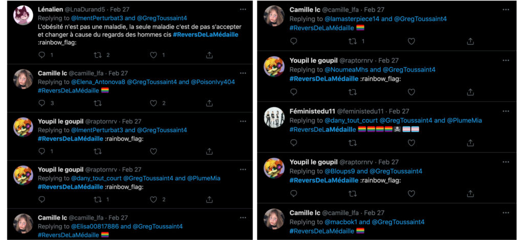 Des exemples de tweet avec le hashtag #ReversDeLaMedaille // Source : Capture d'écran Numerama / Twitter Des exemples de tweet avec le hashtag #ReversDeLaMedaille // Source : Capture d'écran Numerama / Twitter