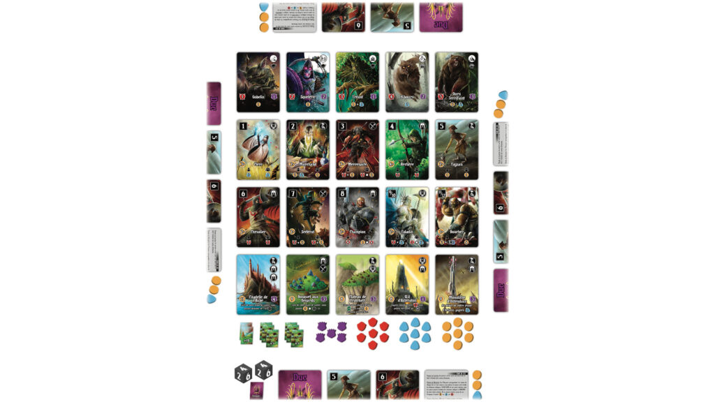 Une mise en place pour quatre joueurs : les monstres en haut, les bâtiments en bas, et les citoyens à recruter entre les deux // Source : Lucky Duck Games Une mise en place pour quatre joueurs : les monstres en haut, les bâtiments en bas, et les citoyens à recruter entre les deux // Source : Lucky Duck Games