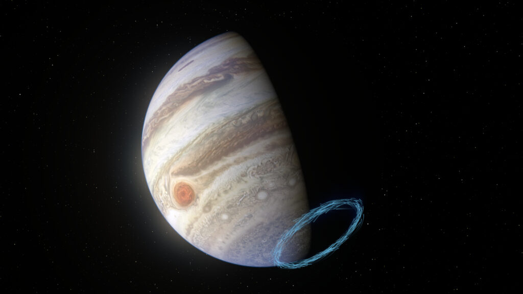 Vue d'artiste des vents dans la stratosphère de Jupiter. // Source : ESO/L. Calçada & NASA/JPL-Caltech/SwRI/MSSS (image recadrée) Vue d'artiste des vents dans la stratosphère de Jupiter. // Source : ESO/L. Calçada & NASA/JPL-Caltech/SwRI/MSSS (image recadrée)
