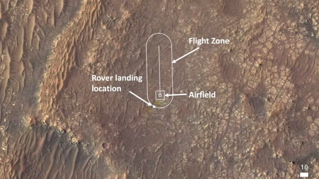 La zone du premier vol qui sera tenté par Ingenuity. // Source : Capture d'écran Nasa Jet Propulsion Laboratory La zone du premier vol qui sera tenté par Ingenuity. // Source : Capture d'écran Nasa Jet Propulsion Laboratory