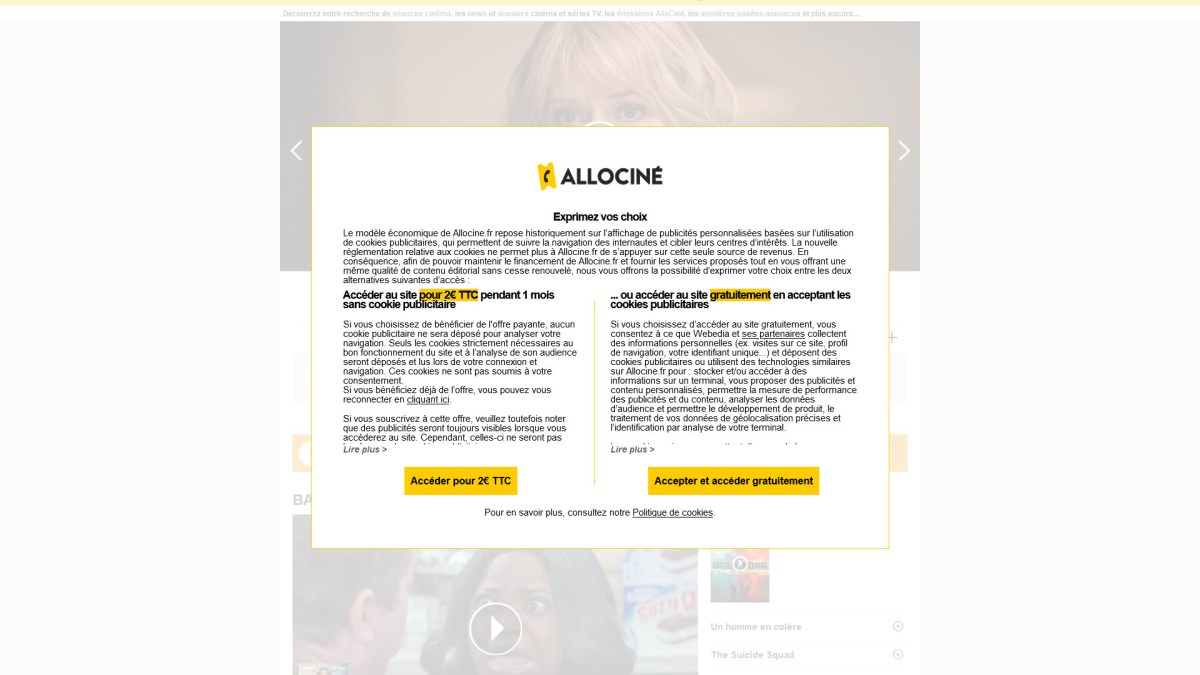 Allociné cookie wall Allociné cookie wall