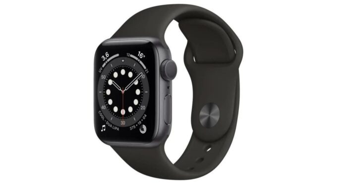 L'Apple Watch Series 6, avec un boîtier de 40 mm et un bracelet sport noir. L'Apple Watch Series 6, avec un boîtier de 40 mm et un bracelet sport noir.