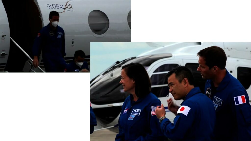 Arrivée de l'équipage sur le tarmac. // Source : Nasa Arrivée de l'équipage sur le tarmac. // Source : Nasa
