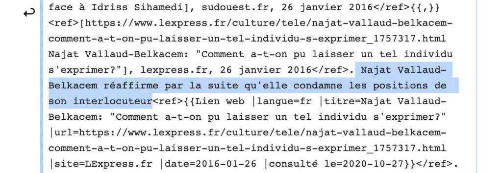 Un ajout dans la page Wikipédia de Najat Vallaud-Belkacem // Source : Capture du 13 avril 2021 Un ajout dans la page Wikipédia de Najat Vallaud-Belkacem // Source : Capture du 13 avril 2021