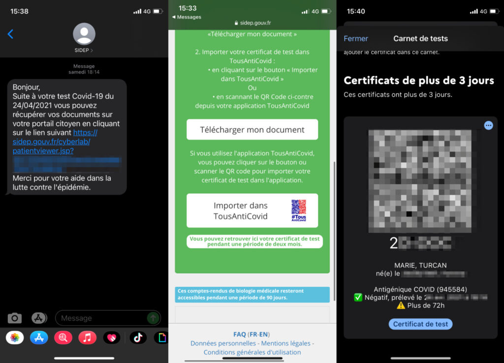 Un exemple d'un test antigénique importé dans TousAntiCovid-Carnet Un exemple d'un test antigénique importé dans TousAntiCovid-Carnet