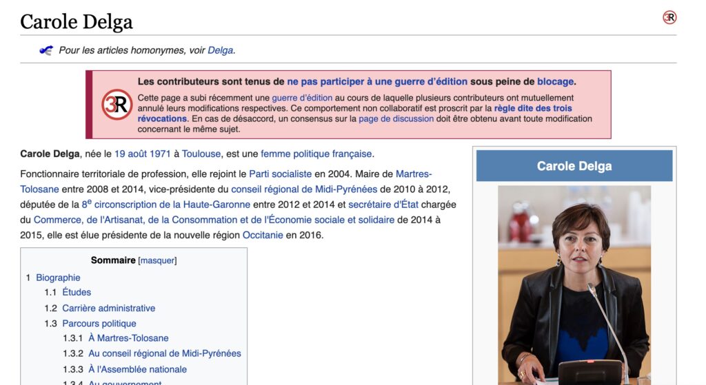 Sur la page de Carole Delga aussi, les internautes sont mis en garde // Source : Wikipedia/ capture du 12 avril 2021 Sur la page de Carole Delga aussi, les internautes sont mis en garde // Source : Wikipedia/ capture du 12 avril 2021