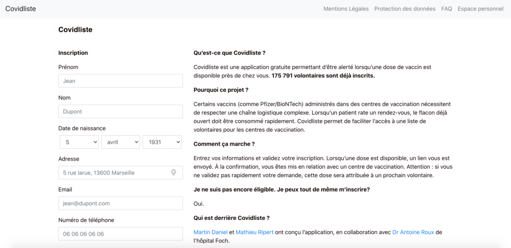 La page d'accueil du site Covid Liste // Source : Covid Liste La page d'accueil du site Covid Liste // Source : Covid Liste