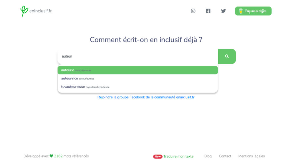 Recherche du mot « auteur ». // Source : Capture d'écran eninclusif.fr Recherche du mot « auteur ». // Source : Capture d'écran eninclusif.fr