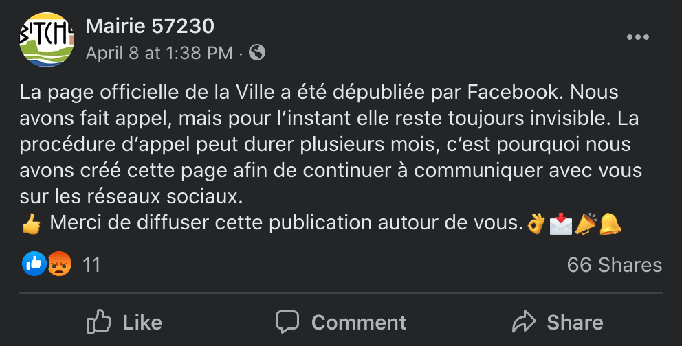 La page Facebook de la ville de Bitche a été supprimée // Source : Capture d'écran Numerama