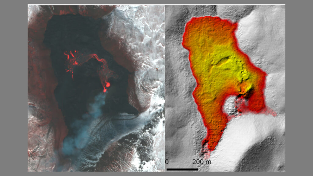 Éruption du Fagradalsfjall en Islande : le contour de la coulée de lave se distingue sur l’image optique à gauche et l’épaisseur de lave le 30 mars 2020 (après 11 jours d’éruption), mesurée grâce à l’imagerie satellitaire optique haute-résolution, est reportée à droite. La couleur représente l’épaisseur : blanc pour 0 mètre, rouge pour 10 mètres de lave, orange pour 20 mètres et jaune pour 30 mètres. // Source : image Pléiades©CNES2021, distribution AIRBUS DS, Author provided