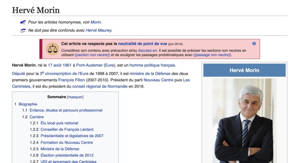 La page Wikipédia d'Hervé Morin est affublée d'une bannière de "prévention" sur son absence de neutralité // Source : Capture du 12 avril 2021 La page Wikipédia d'Hervé Morin est affublée d'une bannière de "prévention" sur son absence de neutralité // Source : Capture du 12 avril 2021