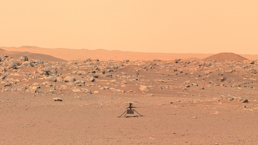 Ingenuity au 114e sol de sa mission sur Mars. // Source : NASA/JPL-Caltech/ASU/Kevin M. Gill (image recadrée) Ingenuity au 114e sol de sa mission sur Mars. // Source : NASA/JPL-Caltech/ASU/Kevin M. Gill (image recadrée)