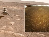 La première photo prise par Ingenuity sur Mars. // Source : Flickr/CC/Kevin Gill, NASA/JPL-Caltech, montage Numerama