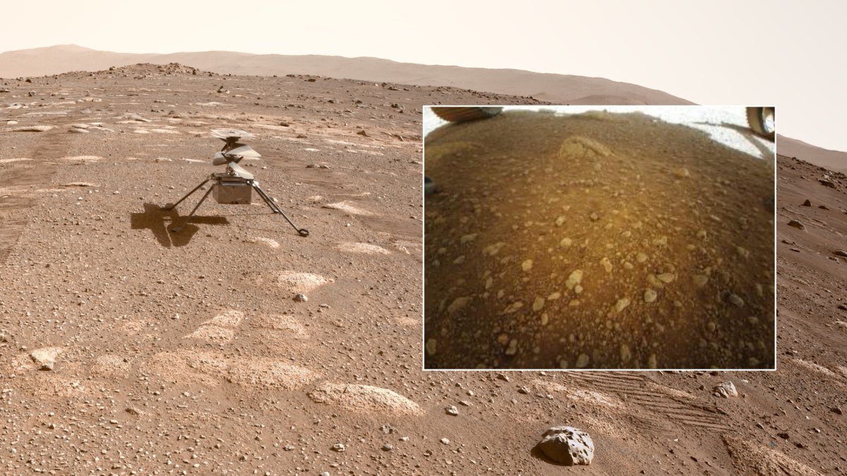 La première photo prise par Ingenuity sur Mars. // Source : Flickr/CC/Kevin Gill, NASA/JPL-Caltech, montage Numerama La première photo prise par Ingenuity sur Mars. // Source : Flickr/CC/Kevin Gill, NASA/JPL-Caltech, montage Numerama
