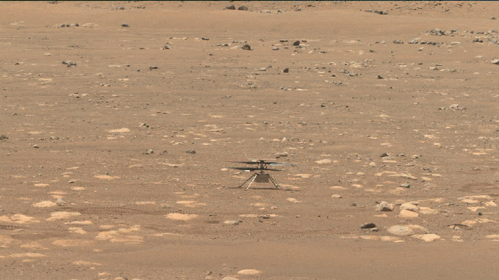 Ingenuity lors d'un test de ses pales, le 8 avril. // Source : NASA/JPL-Caltech/ASU Ingenuity lors d'un test de ses pales, le 8 avril. // Source : NASA/JPL-Caltech/ASU